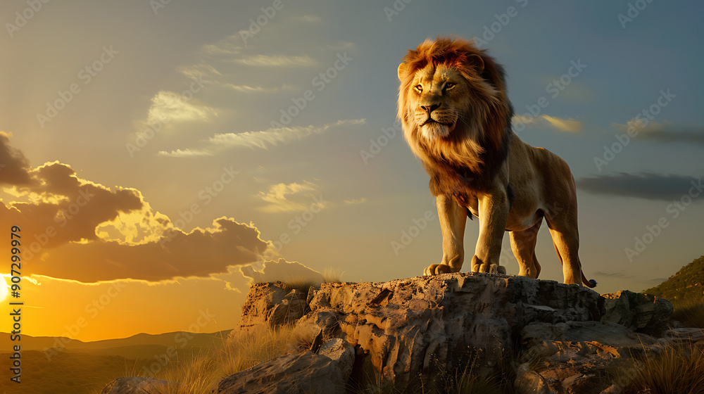 Witness the king of the jungle in all his glory, standing proud on a rocky outcrop. Witness the king of the jungle in all his glory, standing proud on a rocky outcrop.