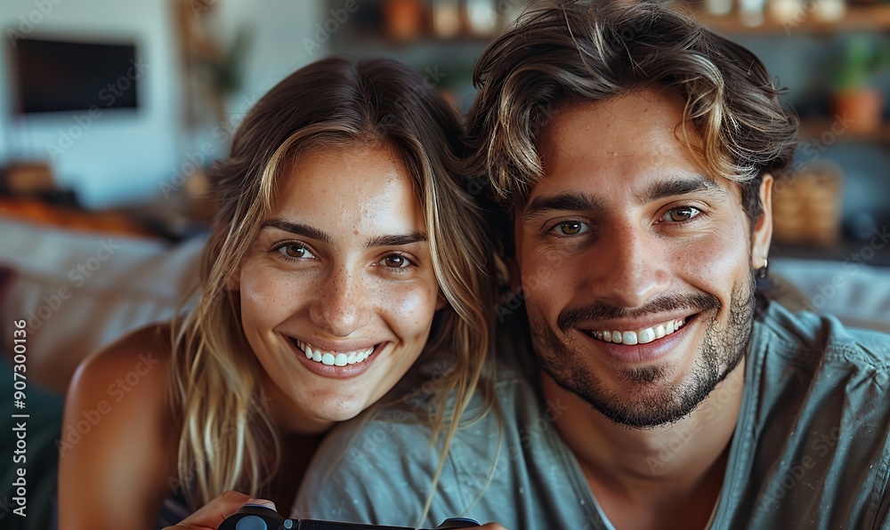 A happy couple has a great time playing video games at home.