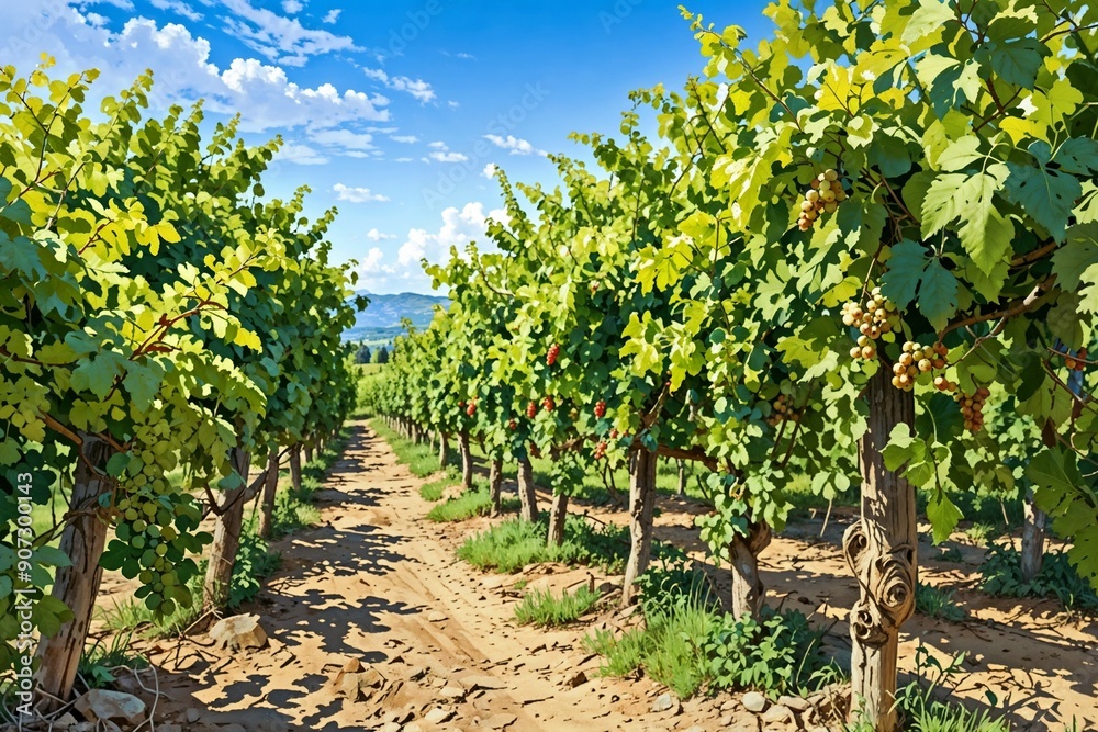Lush vineyard under a clear blue sky, capturing the essence of agriculture and scenic beauty. Lush vineyard under a clear blue sky, capturing the essence of agriculture and scenic beauty.