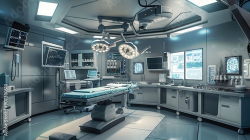 Modern Operating Room with Medical Equipment and a Surgical Table