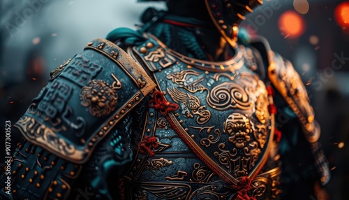 Knights armor detailed with engravings and battle damage, capturing the essence of chivalry, Historical, Cool hues, Photography photo