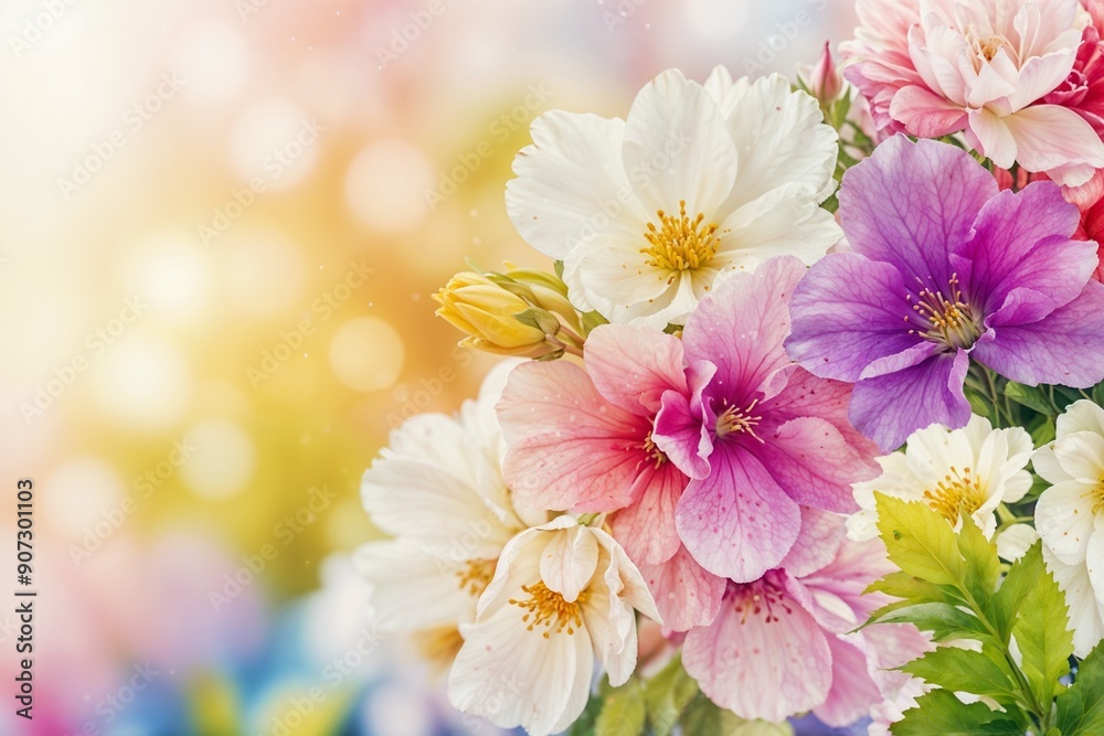 Fototapeta premium Beautiful bouquet of colorful flowers with a soft bokeh background, ideal for themes of nature and beauty.
