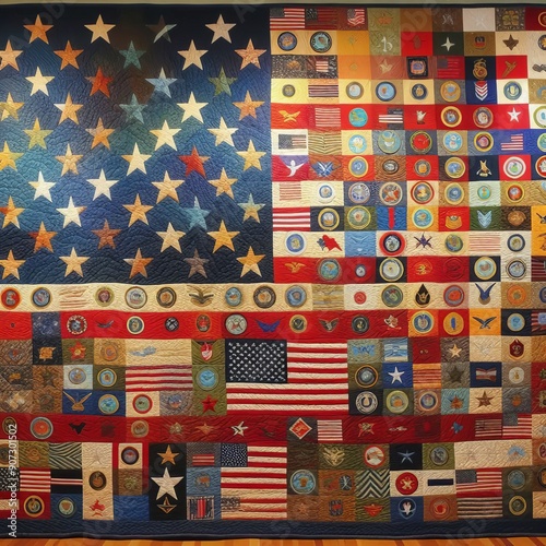 64 11 Fiber Art Quilt of Valor A hand sewn quilt made from patch