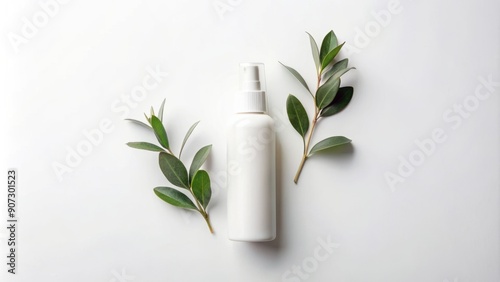 Elegant blank white mockup of spray bottle and fresh green plant branch on pure white background, symbolizing organic and natural cosmetic products. photo