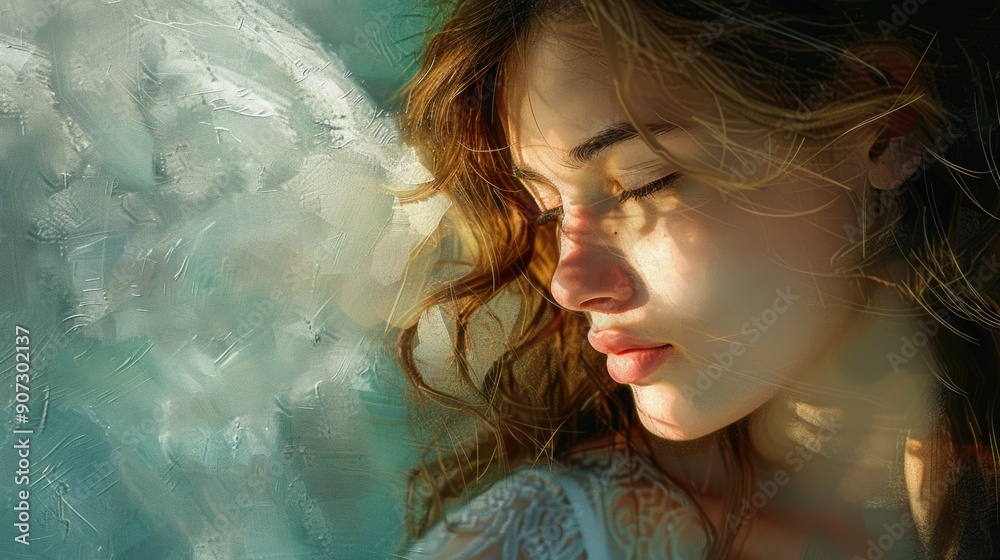 A woman with flowing locks and a pair of angelic wings, perfect for fantasy or mythological scenes