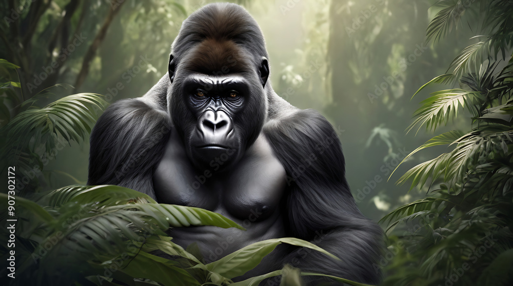 a mountain gorilla amidst the dense foliage of a rainforest, emphasizing its powerful build and serene expression with a clean background and ample copy space.