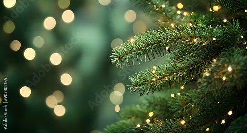 A close up of green pine tree branches with small light, New Year concept