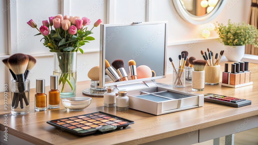 A sleek, modern makeup vanity with an open compact foundation, mirror, and brush, amidst a tidy arrangement of various beauty products and tools. A sleek, modern makeup vanity with an open compact foundation, mirror, and brush, amidst a tidy arrangement of various beauty products and tools.