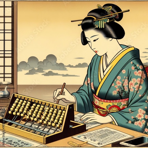 89 26 Ukiyo e style woodblock print of a businesswoman in tradit photo