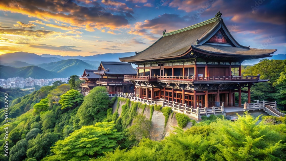 Ancient wooden Kiyomizu-dera Temple's main hall stands majestic on a cliff overlooking serene gardens and lush green forests in Kyoto, Japan's cultural heartland. Ancient wooden Kiyomizu-dera Temple's main hall stands majestic on a cliff overlooking serene gardens and lush green forests in Kyoto, Japan's cultural heartland.