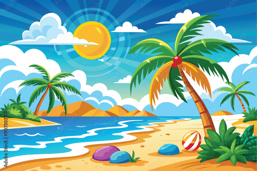 Tropical Beach Scene with Palm Trees, Sunny Sky, and Ocean Waves Tropical Beach Scene with Palm Trees, Sunny Sky, and Ocean Waves