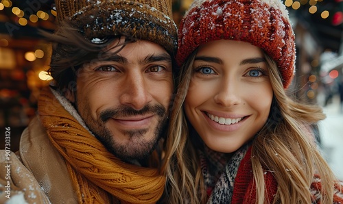 A happy couple captures a joyful selfie together during Christmas.