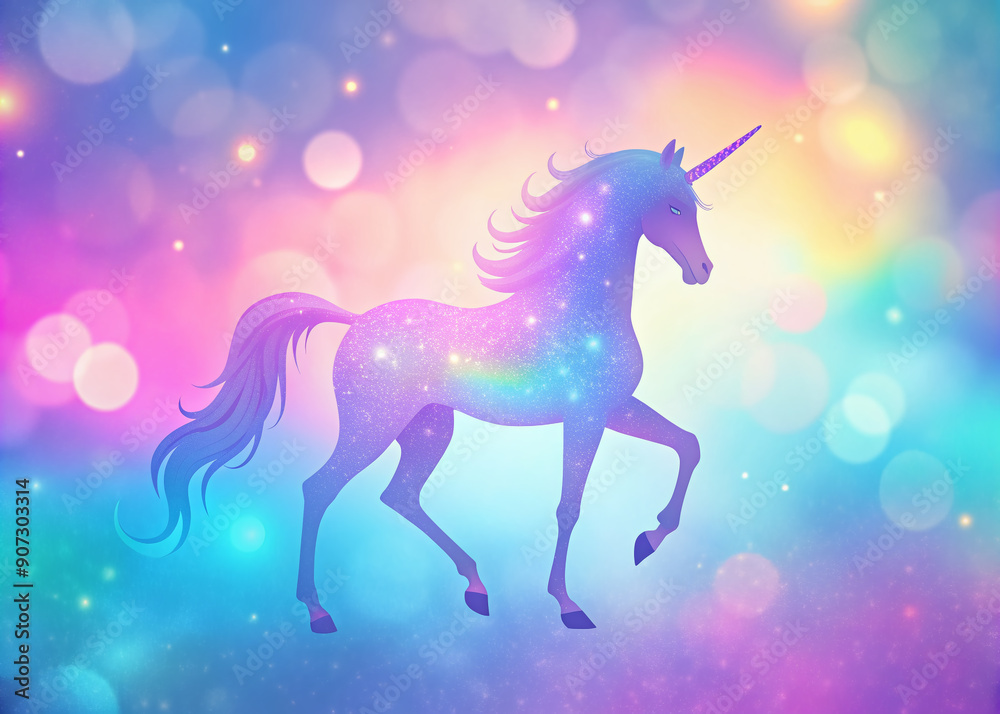 Vibrant holographic unicorn silhouette set against a soft, blurred gradient background of pastel pink, blue, and purple hues, evoking a dreamy, ethereal atmosphere. Vibrant holographic unicorn silhouette set against a soft, blurred gradient background of pastel pink, blue, and purple hues, evoking a dreamy, ethereal atmosphere.