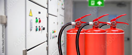 Obraz na plátně Fire extinguisher in AHU control room with door exit sign for prevent or protection or prepare fire equipment for prevention in emergency case and safety or rescue and alarm system training concept