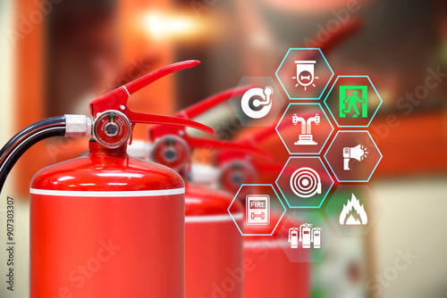Fire extinguisher with prevent icons for protection or prepare fire equipment for prevention in emergency case and safety or rescue and alarm system training concept.