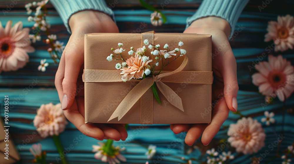 Woman holding gift box on wooden background, top view. Woman holding gift box on wooden background, top view.