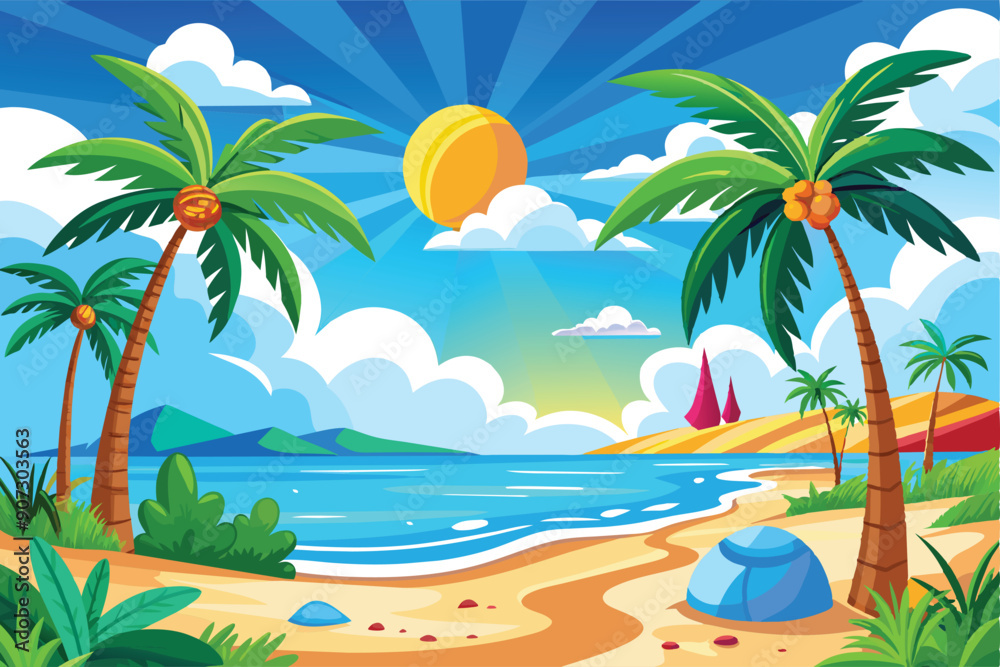 Tropical Beach Landscape with Palm Trees, Sun, and Ocean Tropical Beach Landscape with Palm Trees, Sun, and Ocean