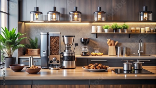 Stylish kitchen with sleek coffee equipment, various coffee blends on display, and a state-of-the-art electric grinder takes center stage, awaiting culinary experimentation.