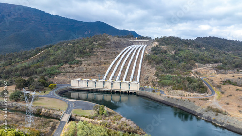 Drone aerial photograph of the Snowy Hydro Tumut 3 power station near Talbingo in the Kosciuszko National Park in the Snowy Mountains in New South Wales in Australia. photo