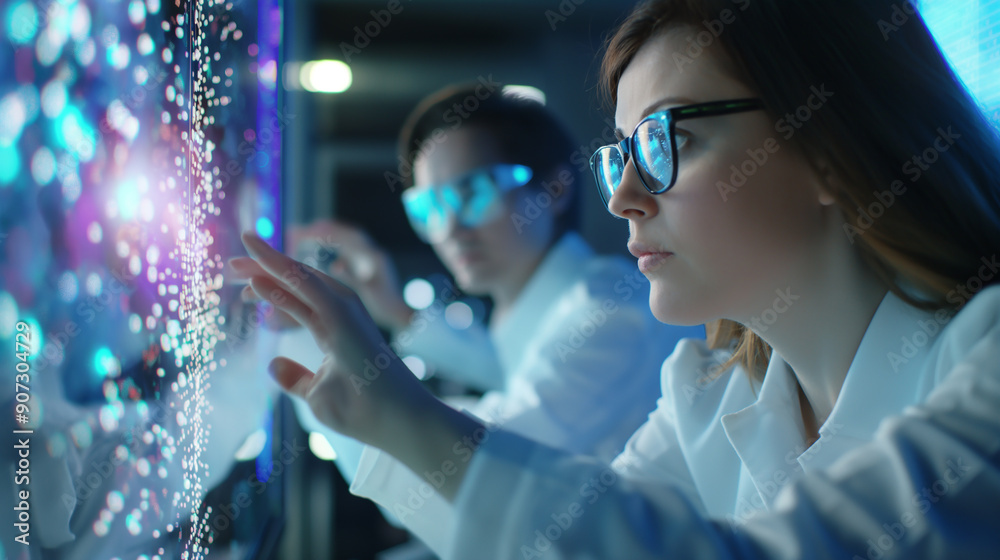 Scientists Interacting with Futuristic Data Interfaces
