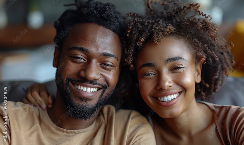 A laughing couple is having a great time at home, enjoying television on the sofa.