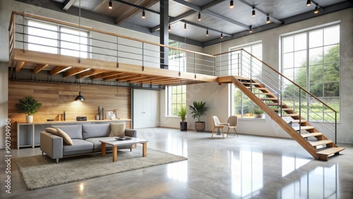 Spacious Scandinavian-inspired double garage conversion with mezzanine level accessed by sleek staircase, featuring minimalist decor, polished concrete floors, and ample natural light.