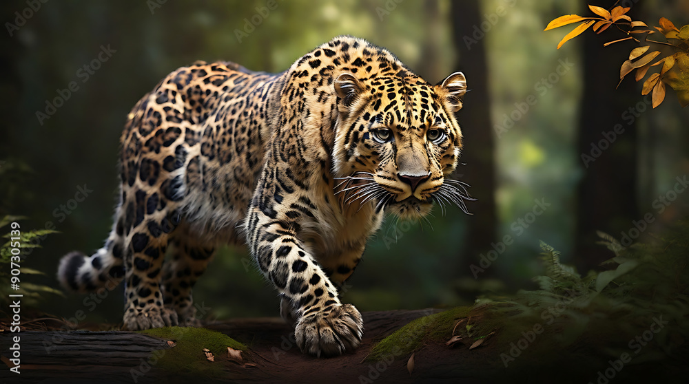 Artistic rendering of an Amur leopard prowling through a temperate forest, showcasing its sleek coat and agile movements with a plain background and ample copy space. Artistic rendering of an Amur leopard prowling through a temperate forest, showcasing its sleek coat and agile movements with a plain background and ample copy space.