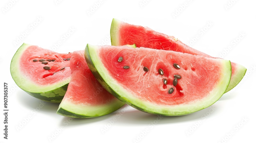 A Fresh Watermelon on a White Background: Vibrant Fruit with Juicy Red Flesh and Green Rind A Fresh Watermelon on a White Background: Vibrant Fruit with Juicy Red Flesh and Green Rind