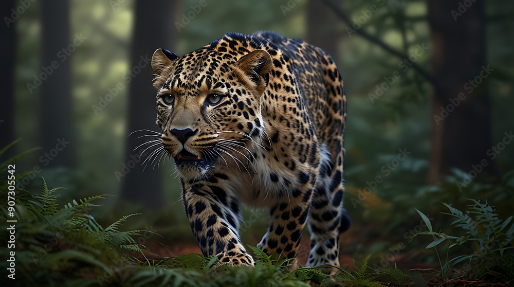 Obraz premium Artistic rendering of an Amur leopard prowling through a temperate forest, showcasing its sleek coat and agile movements with a plain background and ample copy space.