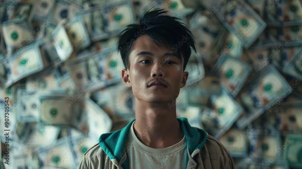 A Young Man Standing in Front of a Large Pile of Money: Symbolizing Wealth and Financial Success A Young Man Standing in Front of a Large Pile of Money: Symbolizing Wealth and Financial Success