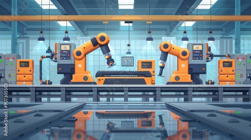 Wallpaper Mural Cartoon vector factory floor with machinery and automated robots Torontodigital.ca