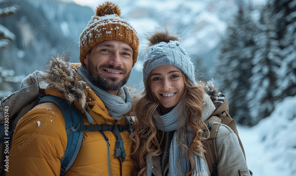 Adventurous hikers, a loving couple, take a winter selfie in the mountains during their vacation. Adventurous hikers, a loving couple, take a winter selfie in the mountains during their vacation.