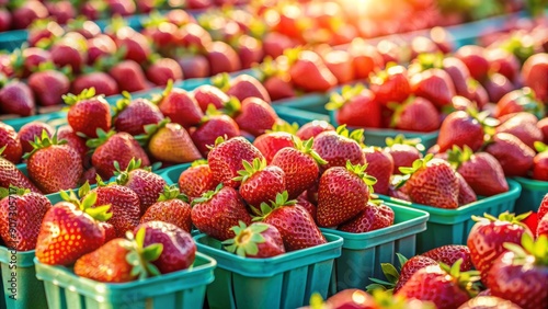 Ripe Tristar strawberries glisten in the warm sun, arranged in neat rows on a vibrant green stand at a bustling urban farmers market. photo