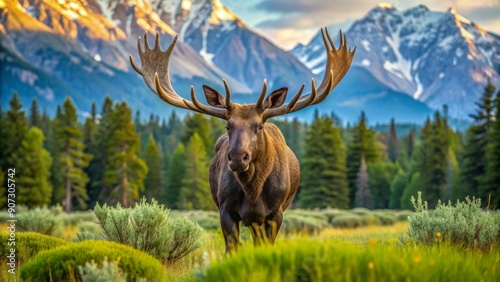 A majestic bull moose with impressive large antlers stands serenely in a serene alpine meadow surrounded by lush greenery in Grand Teton National Park. photo