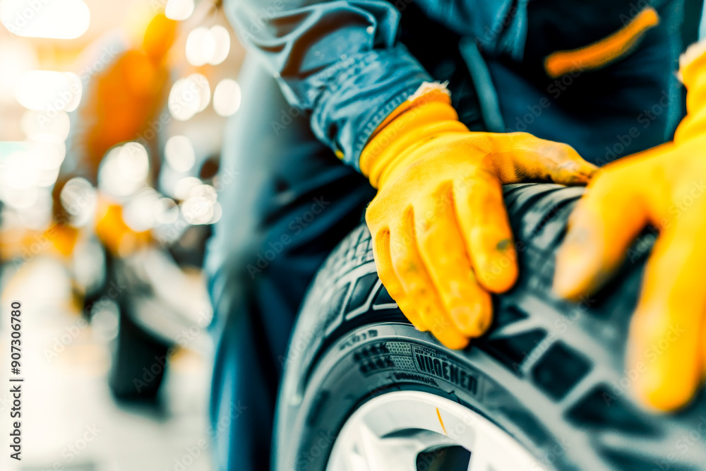 Mechanic Handling Car Tire in Auto Workshop. Mechanic Handling Car Tire in Auto Workshop.