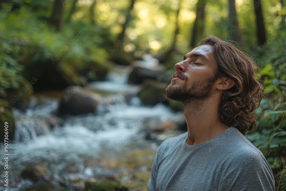 Finding Serenity: Man Practicing Deep Breathing by Forest Stream for Stress Relief, Double Exposure Close Up with Nature Backdrop