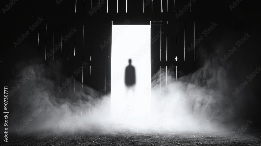 A sinister shadow standing in the old barn's entrance, surrounded by mist and eerie silence, perfect for a Halloween night scare A sinister shadow standing in the old barn's entrance, surrounded by mist and eerie silence, perfect for a Halloween night scare