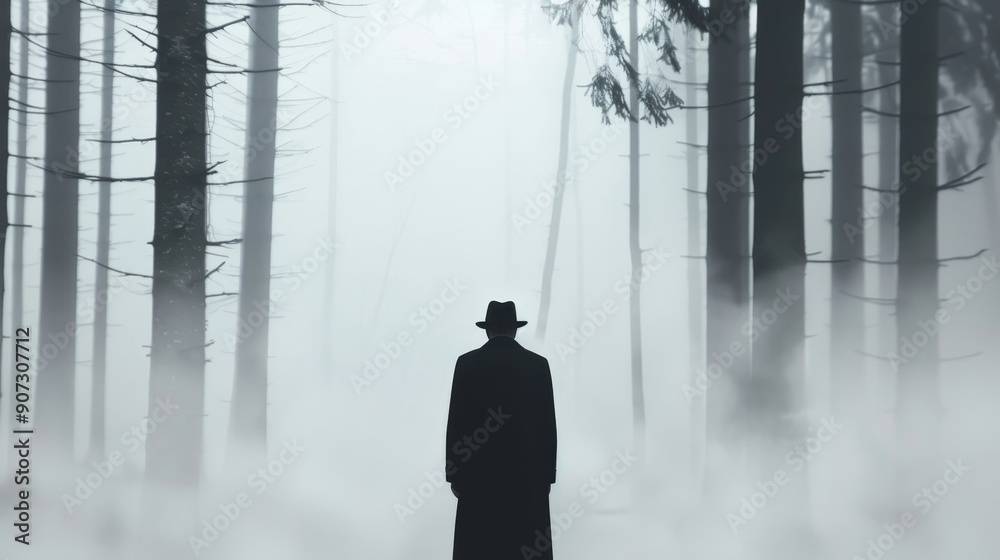 Phantom-like silhouette merging into the fog-laden forest, evoking a sense of dread and mystery for Halloween Phantom-like silhouette merging into the fog-laden forest, evoking a sense of dread and mystery for Halloween