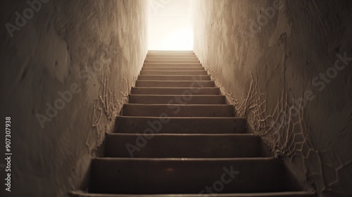 A spooky, narrow staircase leading to a hidden basement, cobwebs and dust, with a haunting glow from below