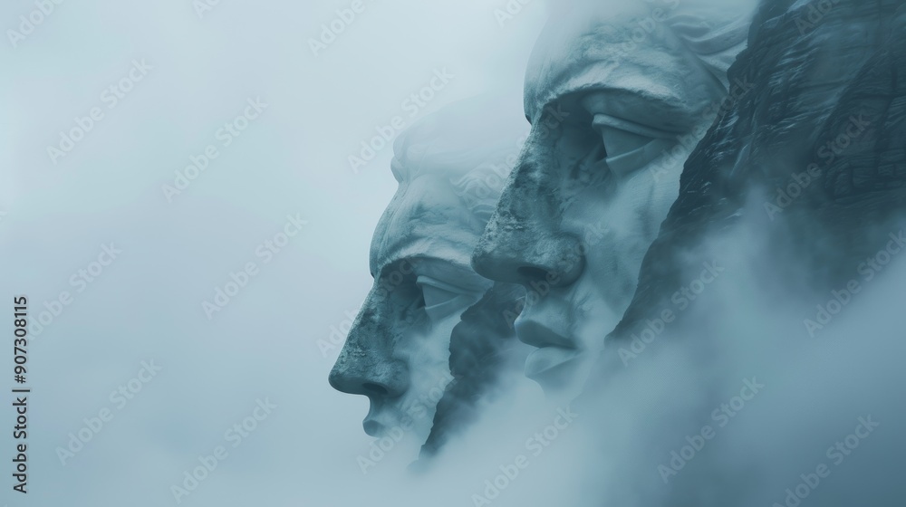 Mysterious foggy mountain trail, ancient statues with worn faces, haunting halloween ambiance, low visibility, eerie shadows