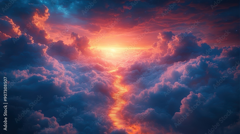 Dramatic Sunset Above the Clouds with Vibrant Colors and Illuminated Pathway in the Sky, Capturing the Beauty of Nature and the Majestic Atmosphere of a Serene Evening Dramatic Sunset Above the Clouds with Vibrant Colors and Illuminated Pathway in the Sky, Capturing the Beauty of Nature and the Majestic Atmosphere of a Serene Evening