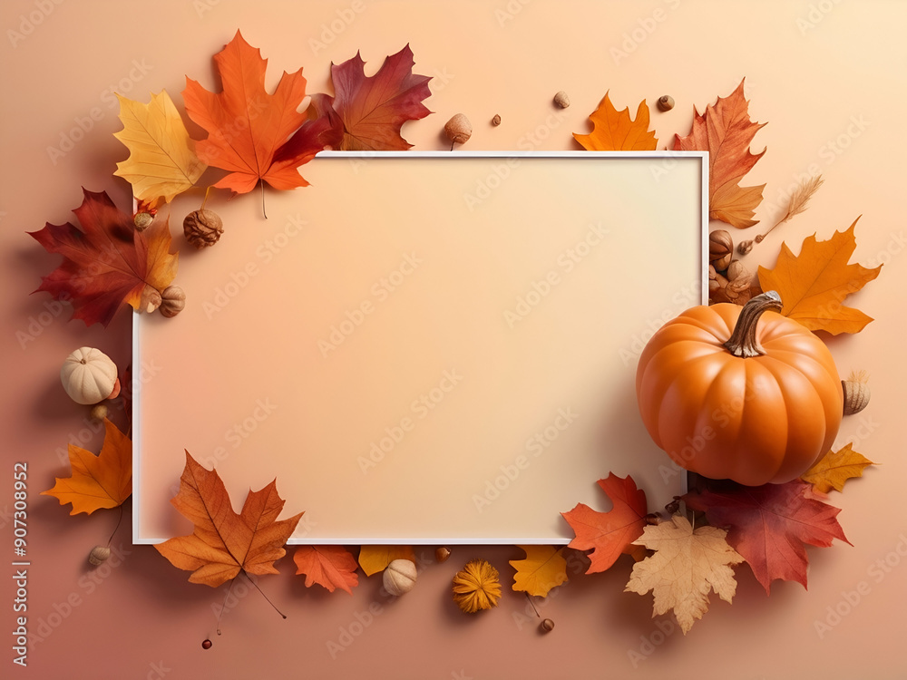 Fototapeta premium abstract glowing Autumn Banner on fluid gradient background in fall colors and frame with autumn element leaves, maple, acorn, pumpkin. Illustration