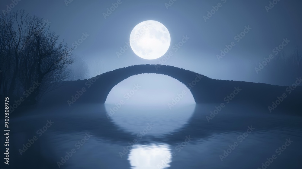 Mysterious bridge shrouded in fog, illuminated by a full moon, dark river below, a chilling Halloween night scene, spooky and atmospheric Mysterious bridge shrouded in fog, illuminated by a full moon, dark river below, a chilling Halloween night scene, spooky and atmospheric