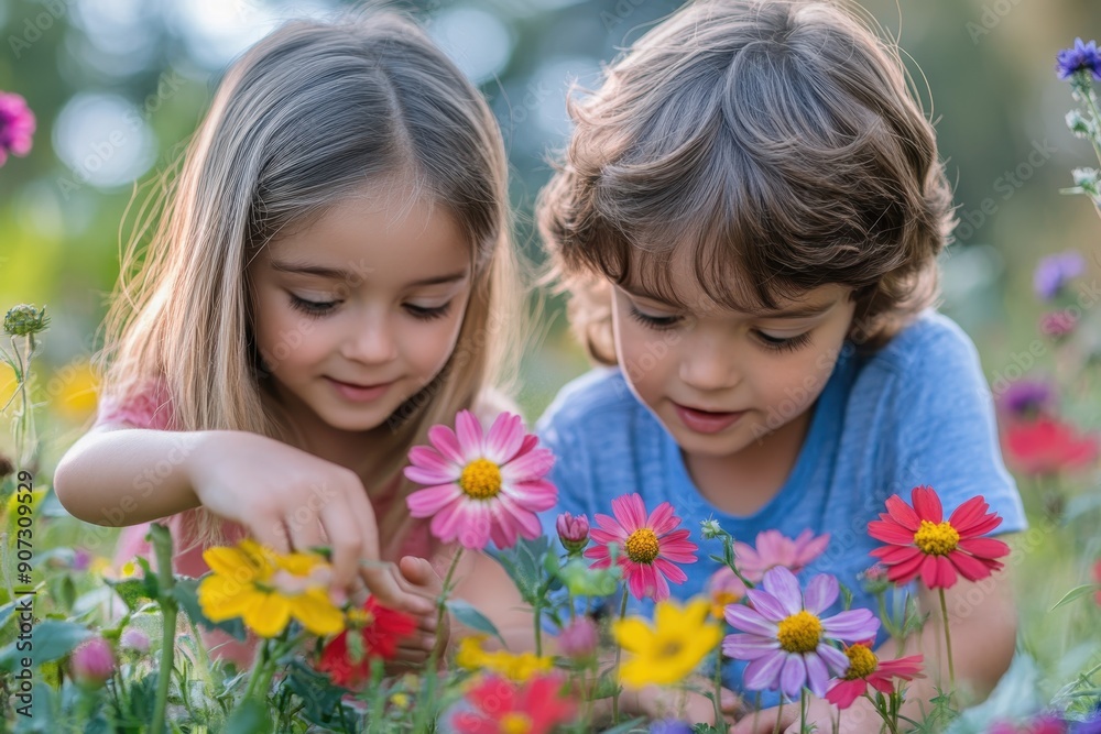 Mindful Exploration: Kids Discovering Wonders in Vibrant Flower Garden with Selective Focus and Overlay Effect Mindful Exploration: Kids Discovering Wonders in Vibrant Flower Garden with Selective Focus and Overlay Effect
