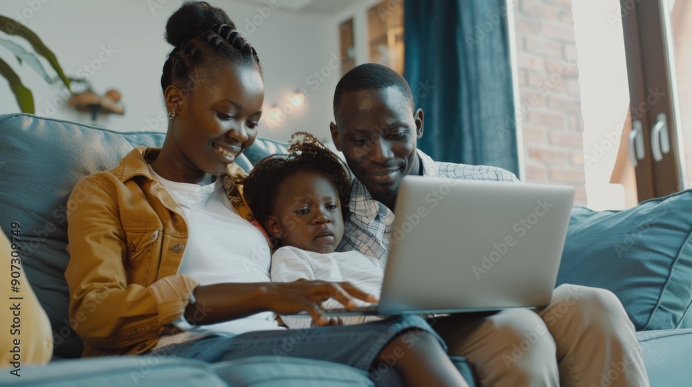 A family gathered together, looking at a laptop screen A family gathered together, looking at a laptop screen