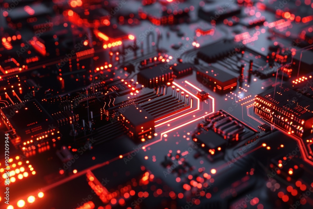 A high-angle shot of a circuit board with glowing red lights, suitable for use in technology and innovation-themed projects A high-angle shot of a circuit board with glowing red lights, suitable for use in technology and innovation-themed projects