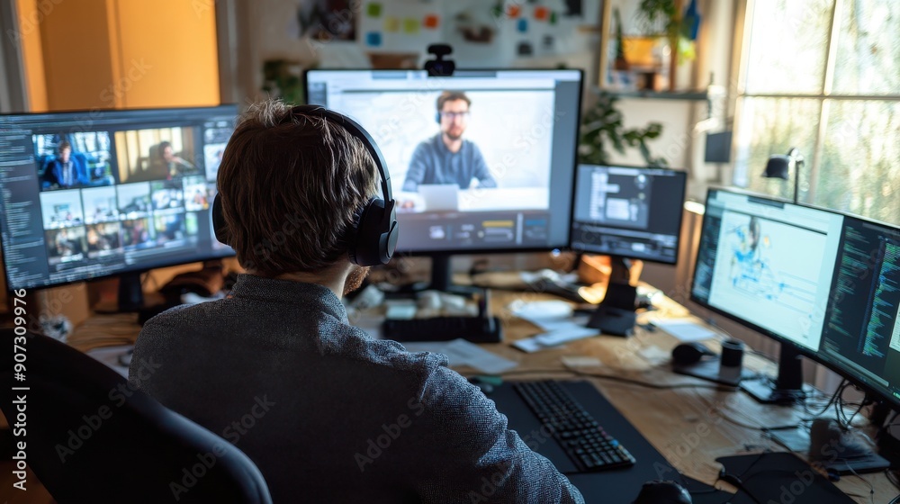 A teacher conducting a virtual lesson from a home studio. The room is organized with multiple computer screens, a whiteboard, and various teaching aids. The teacher, wearing headphones and a A teacher conducting a virtual lesson from a home studio. The room is organized with multiple computer screens, a whiteboard, and various teaching aids. The teacher, wearing headphones and a