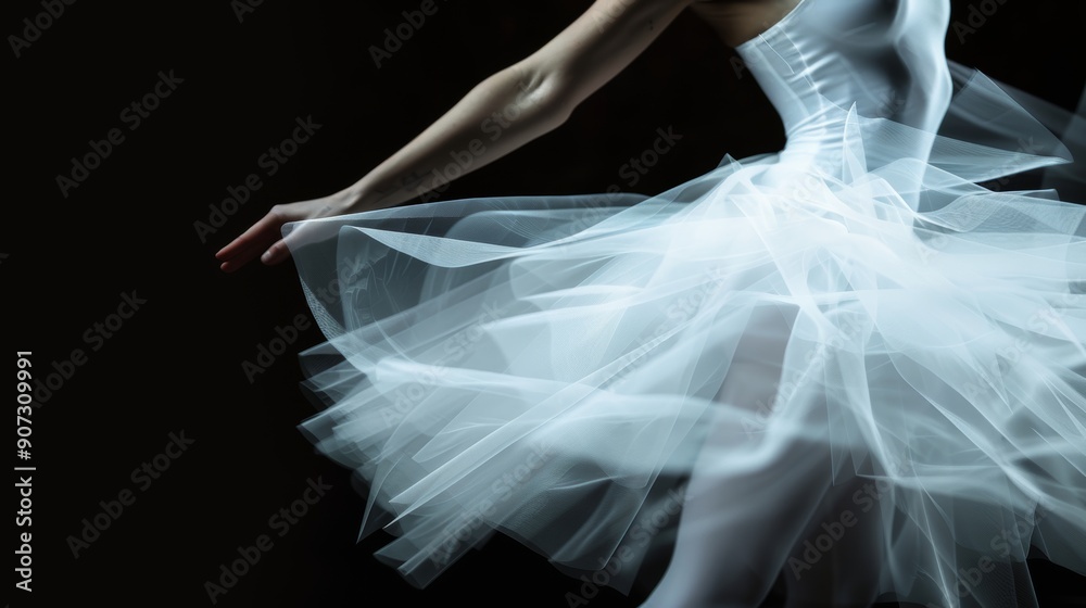 Fototapeta premium Ballet dancer in motion, tutu blending with abstract interior design, surreal double exposure, rich textures, avant-garde composition