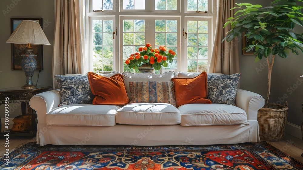 A large white couch with orange pillows sits in front of a window A large white couch with orange pillows sits in front of a window