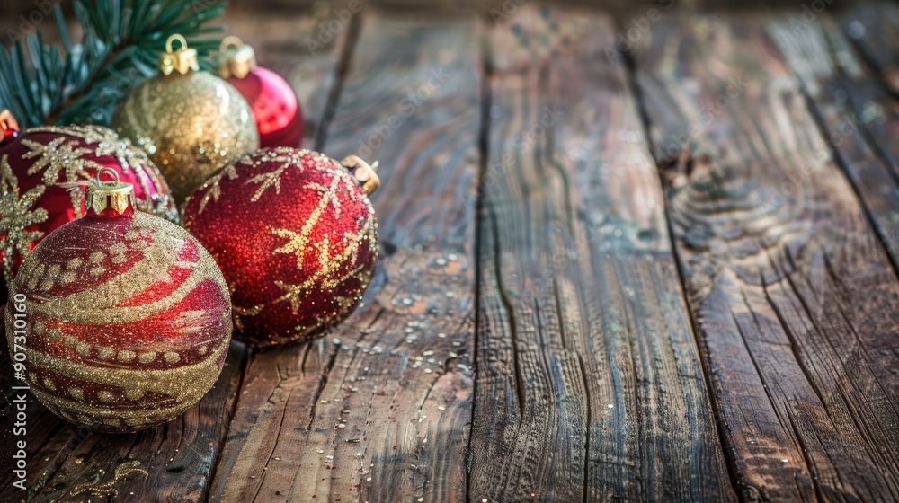 Holiday ornaments on a rustic wooden backdrop Holiday ornaments on a rustic wooden backdrop